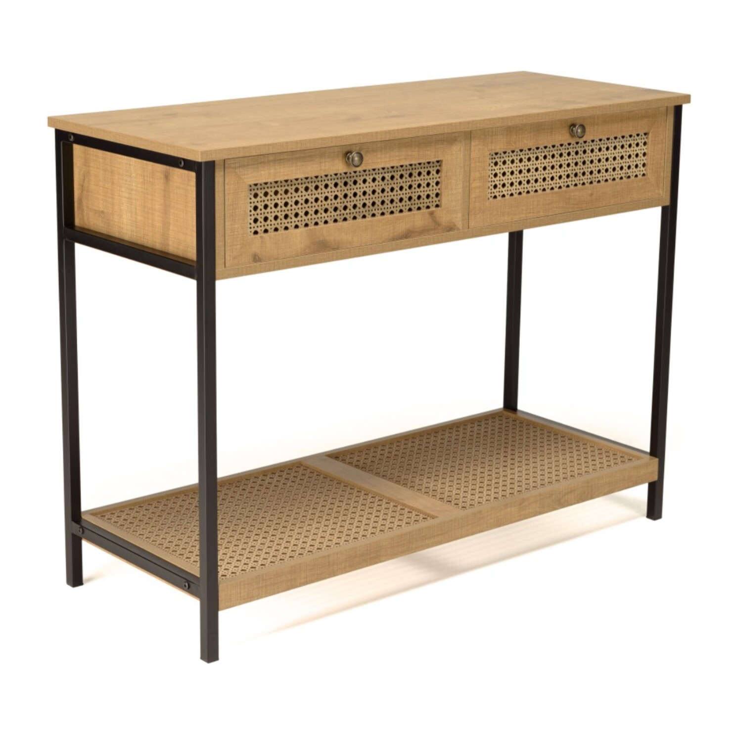 CHARLIE - Console bois marron 2 tiroirs 1 étagère cannage pieds métal