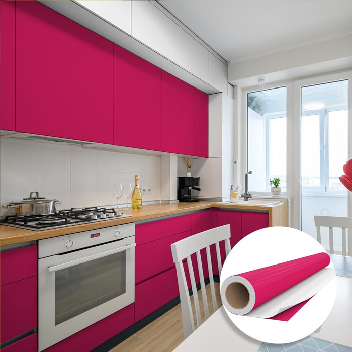 Rouleau adhésif décoratif Vinyle au Mètre - Fushia - Sticker Lavable Imperméable Mur Cuisine Meubles