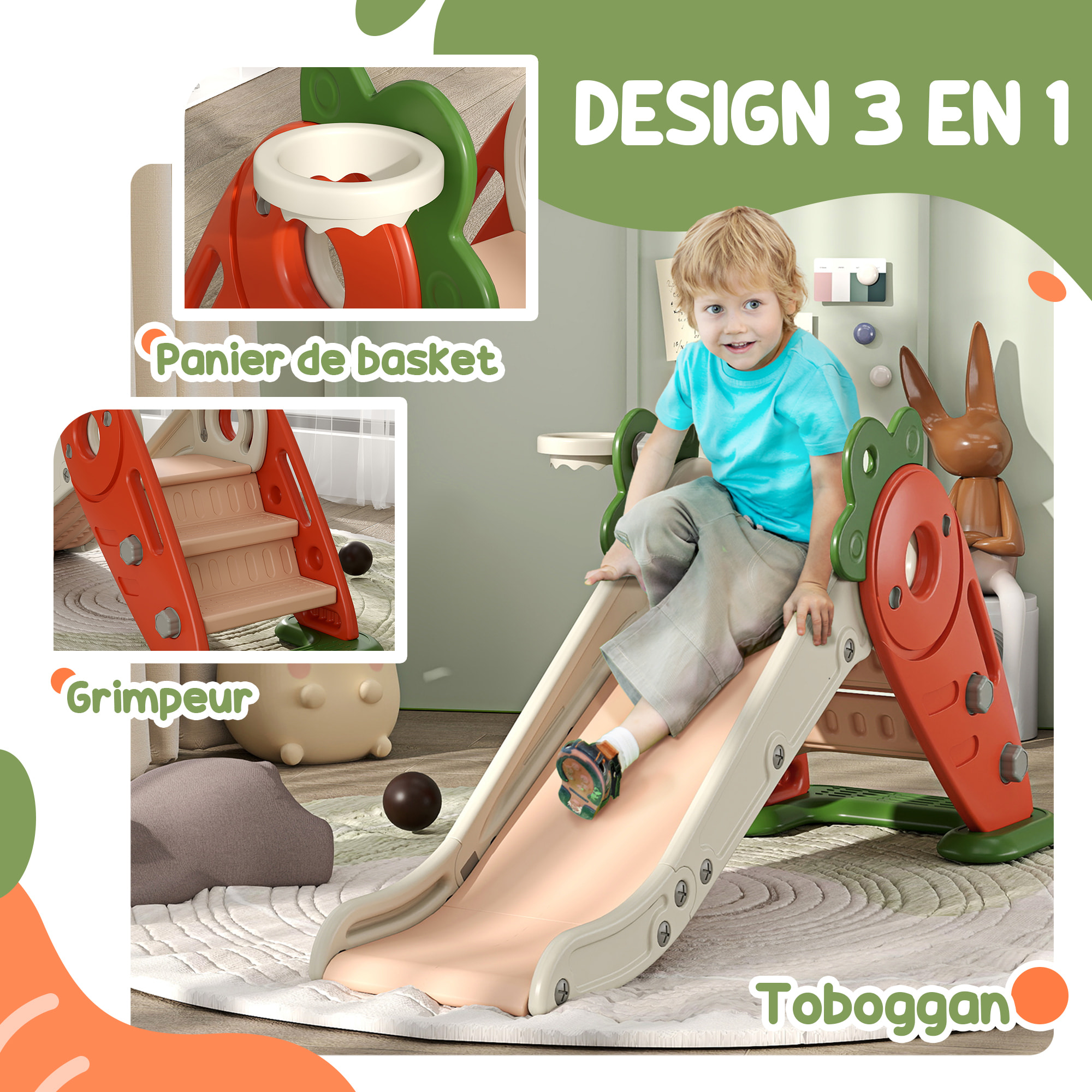 Toboggan pliable enfant 12-36 mois - panier basket, balle inclus - usage intérieur extérieur - HDPE orange beige