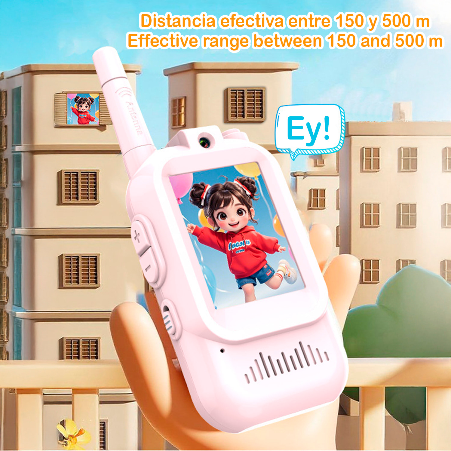 Walkie-Talkie infantil con intercomunicador con video y 4 modos de visualización. 150-500 metros de conexión clara, pantalla de 2" y 4 modos de voz.