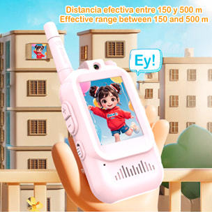 Walkie-Talkie infantil con intercomunicador con video y 4 modos de visualización. 150-500 metros de conexión clara, pantalla de 2" y 4 modos de voz.