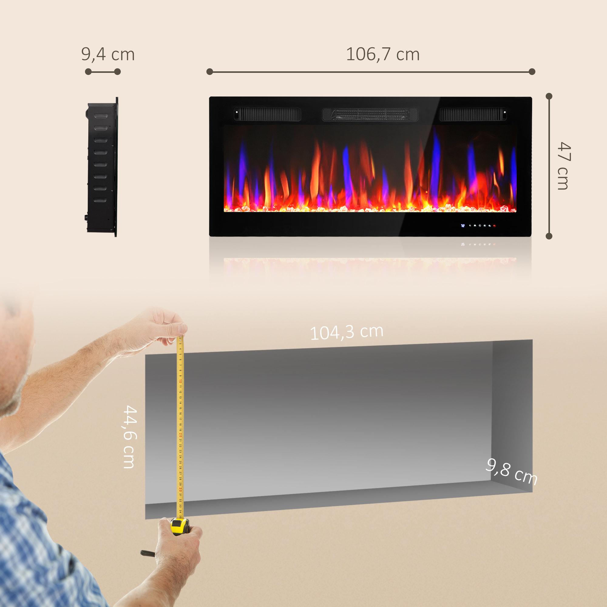 Cheminée électrique murale/encastrable 900/1800W effet flamme et cristal réglable télécommande