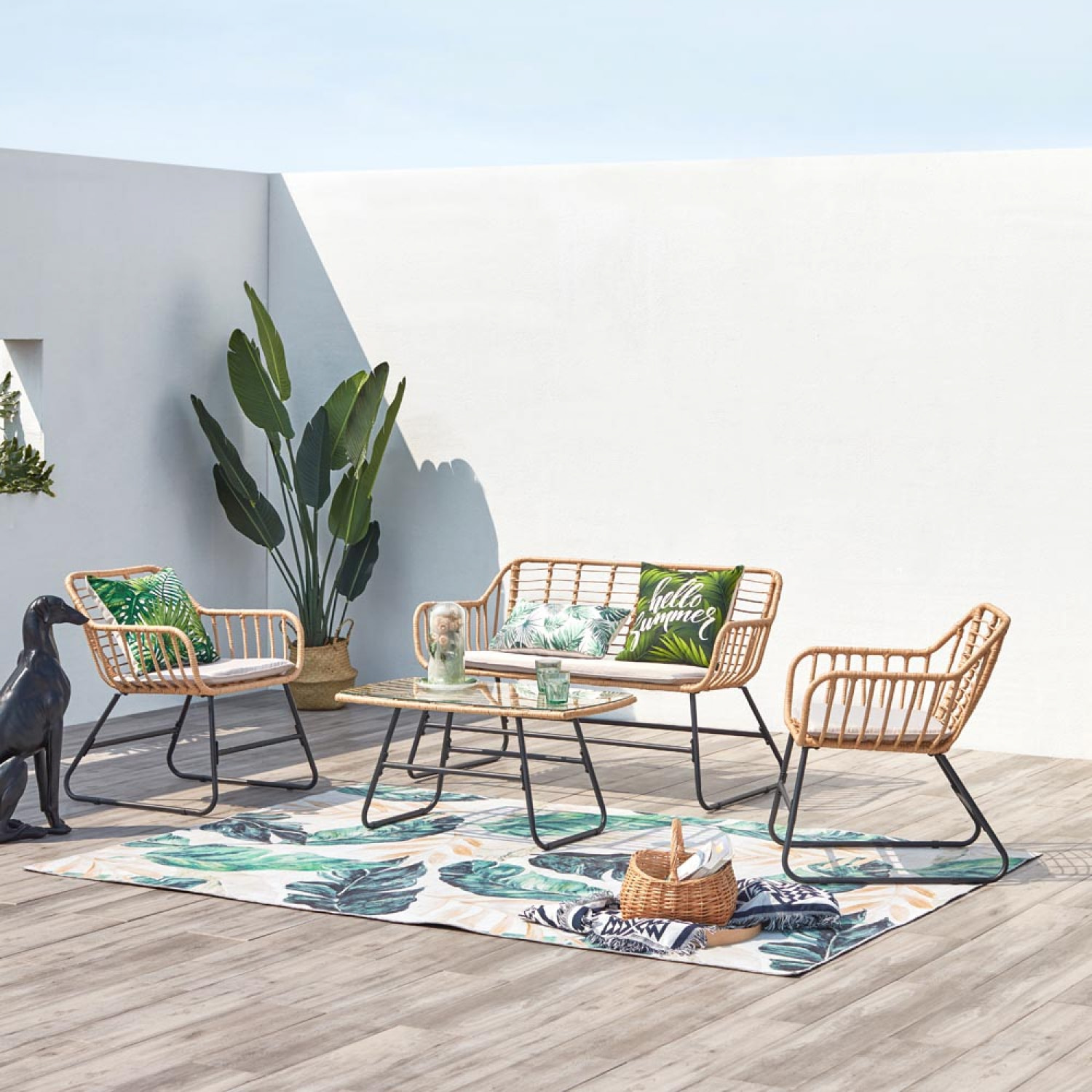 ALVARADO Salon de jardin 4 places en rotin et acier beige et noir