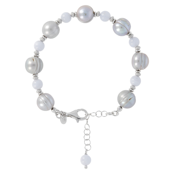 Bracciale in Argento 925 con Agata Celeste e Perle d'Acqua Dolce Grigie Ø 10 mm