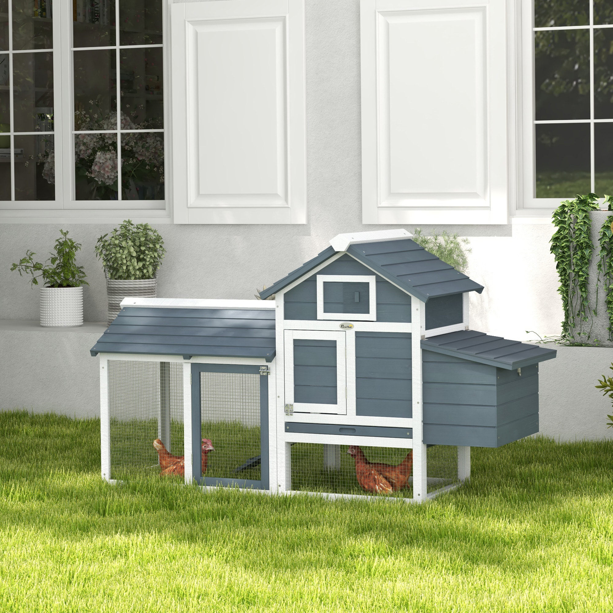 Poulailler cottage cage à poules sur pied dim. 151L x 54l x 87H cm multi-équipement bois pin blanc