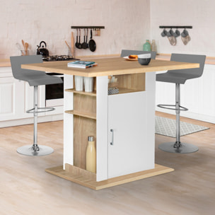Ilot de cuisine Théo bois et blanc avec rangements