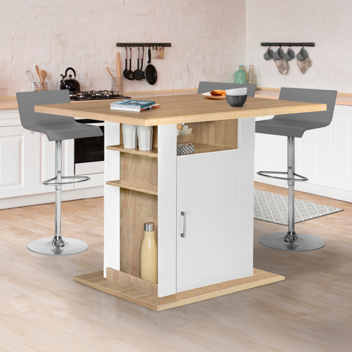 Ilot de cuisine Théo bois et blanc avec rangements