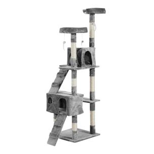 árbol Rascador para Gatos Grande 49x49x173 cm con Múltiples Niveles con Cuevas Escaleras Juguetes Colgantes Camas Centro Actividades Sisal Gris