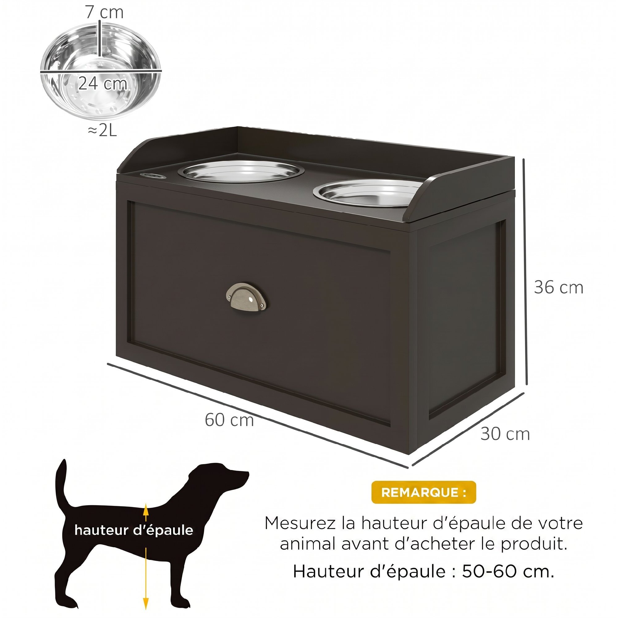 Gamelle double chien chat - porte-gamelles surélevé rangement 2 en 1 - tiroir, 2 gamelles - acier inox. MDF brun