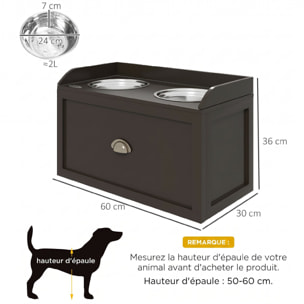 Gamelle double chien chat - porte-gamelles surélevé rangement 2 en 1 - tiroir, 2 gamelles - acier inox. MDF brun