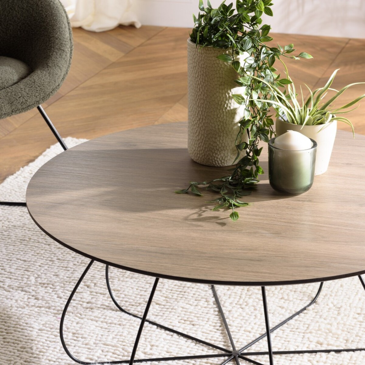 JULIA - Table basse biseautée 80x80cm mocha pieds forme panier en métal