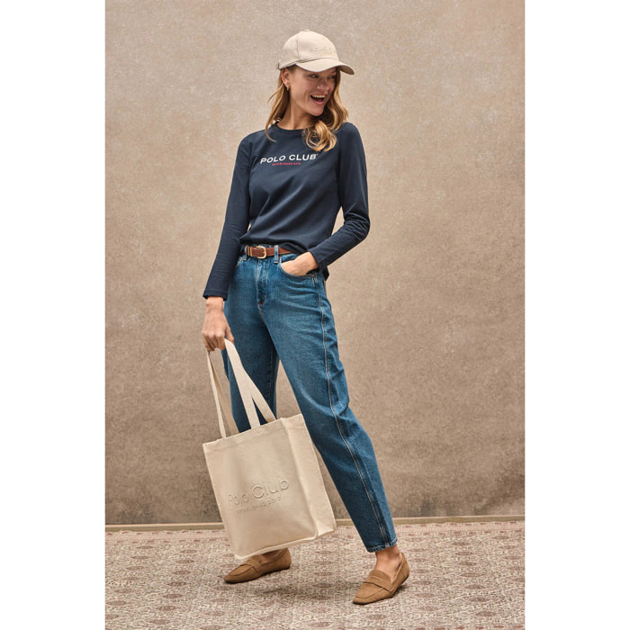 Maglietta blu marino a maniche lunghe con logo ricamato Established 2012 Polo