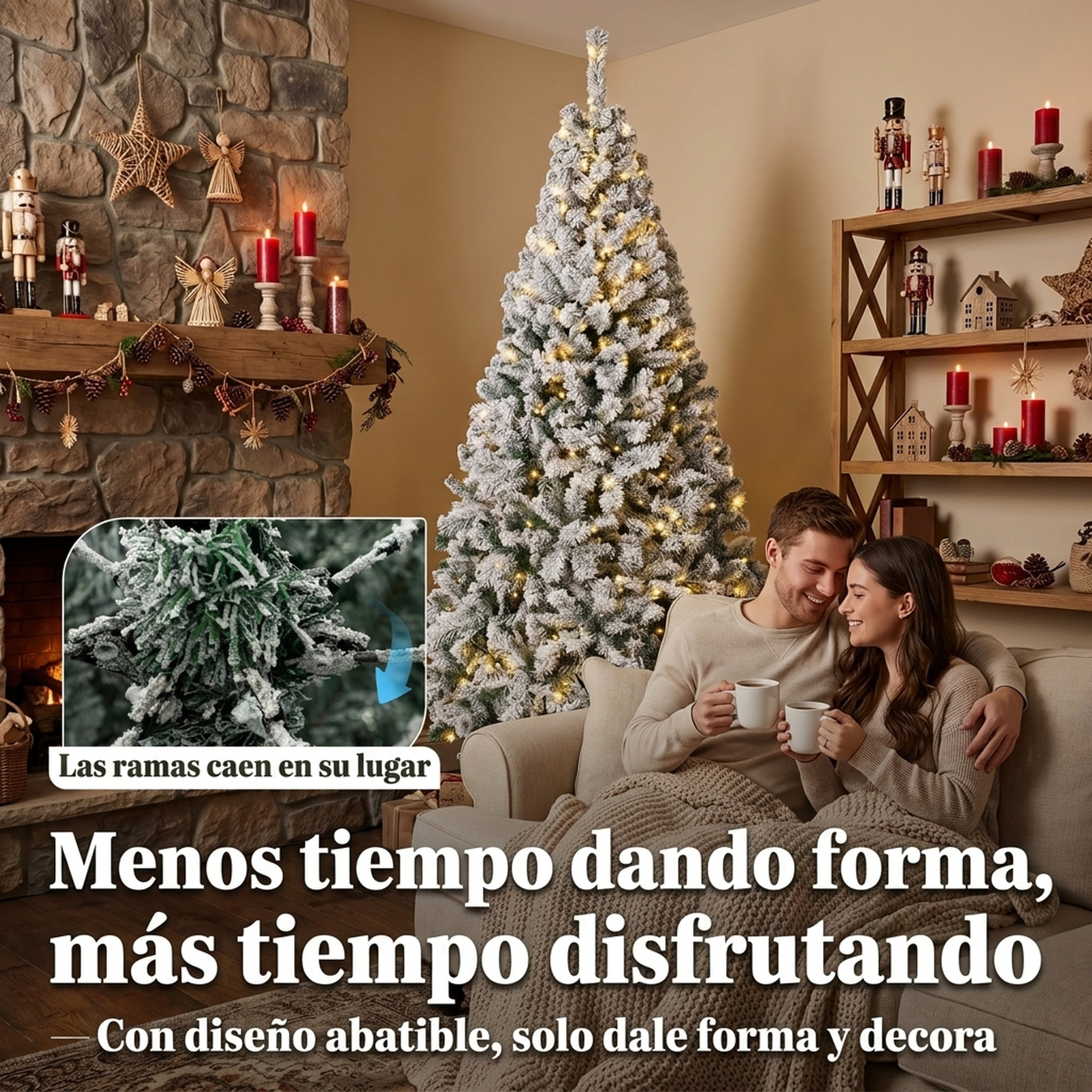 HOMCOM Árbol de Navidad con 240 Luces LED Blanco Cálido, 200 cm, Árbol de Navidad de Abeto Nevado, 850 Ramas Ignífugas Abatibles, Base Metálica Plegable, Verde y Blanco