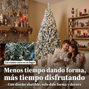 HOMCOM Árbol de Navidad con 240 Luces LED Blanco Cálido, 200 cm, Árbol de Navidad de Abeto Nevado, 850 Ramas Ignífugas Abatibles, Base Metálica Plegable, Verde y Blanco