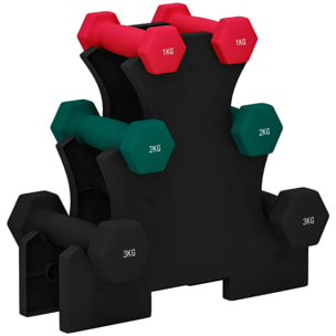 Ensemble d'haltères hexagonaux courtes total 12 Kg - support d'haltères incluses - pour la musculation, 6 haltères - 2 x 1kg, 2 x 2kg, 2 x 3kg