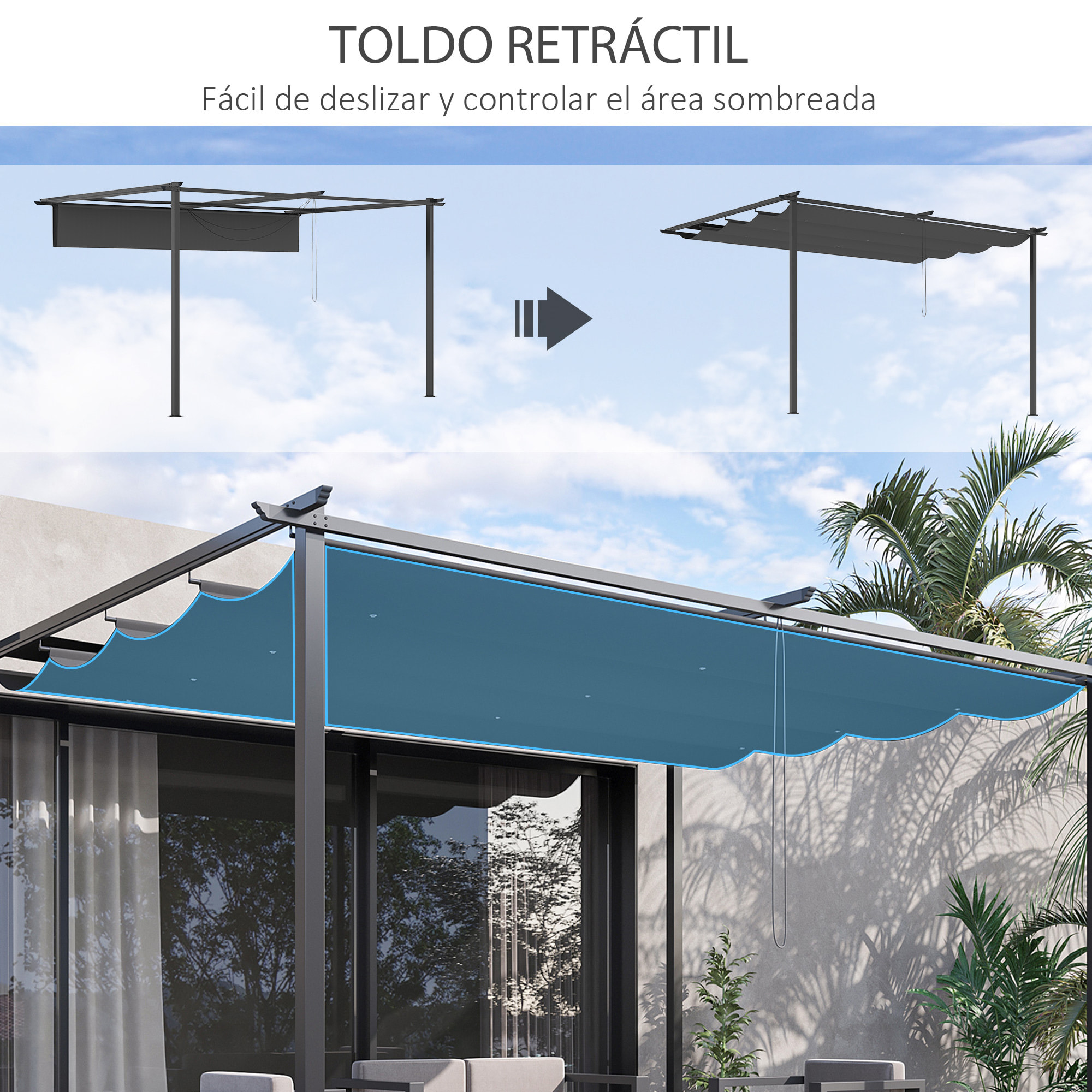 Pérgola de Pared de Jardín 4x3 m Gazebo Exterior Cenador con Techo Retráctil Tela de Poliéster y Marco de Acero para Patio Terraza Balcón Gris Oscuro