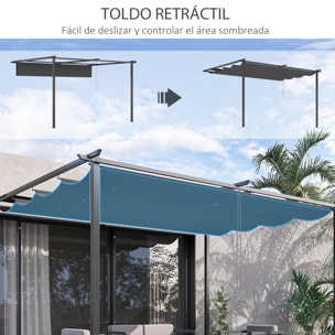 Pérgola de Pared de Jardín 4x3 m Gazebo Exterior Cenador con Techo Retráctil Tela de Poliéster y Marco de Acero para Patio Terraza Balcón Gris Oscuro