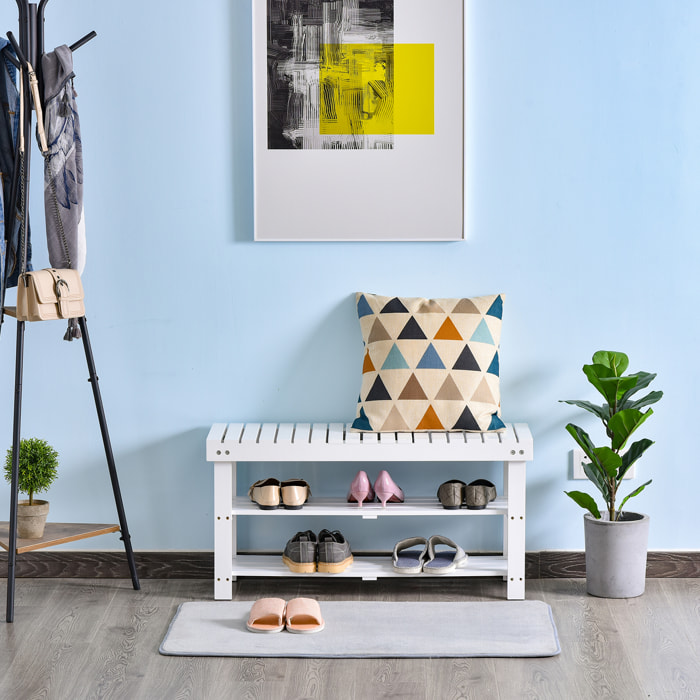 Banc à chaussures - 2 étagères, petit coffre de rangement - dim. 90 x 29 x 45 cm - MDF bois blanc