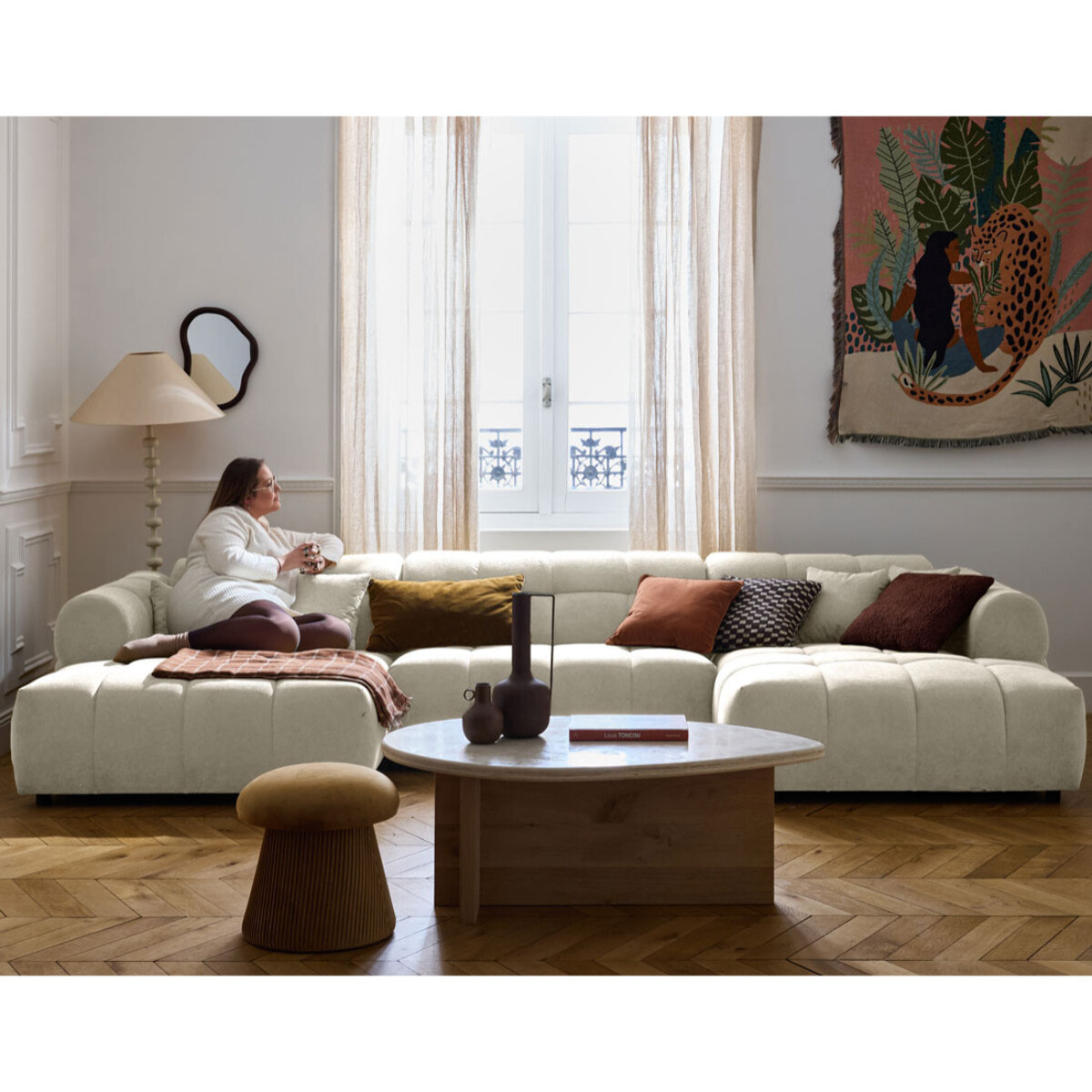 Ray - canapé panoramique en U 7 places en tissu texturé - Beige