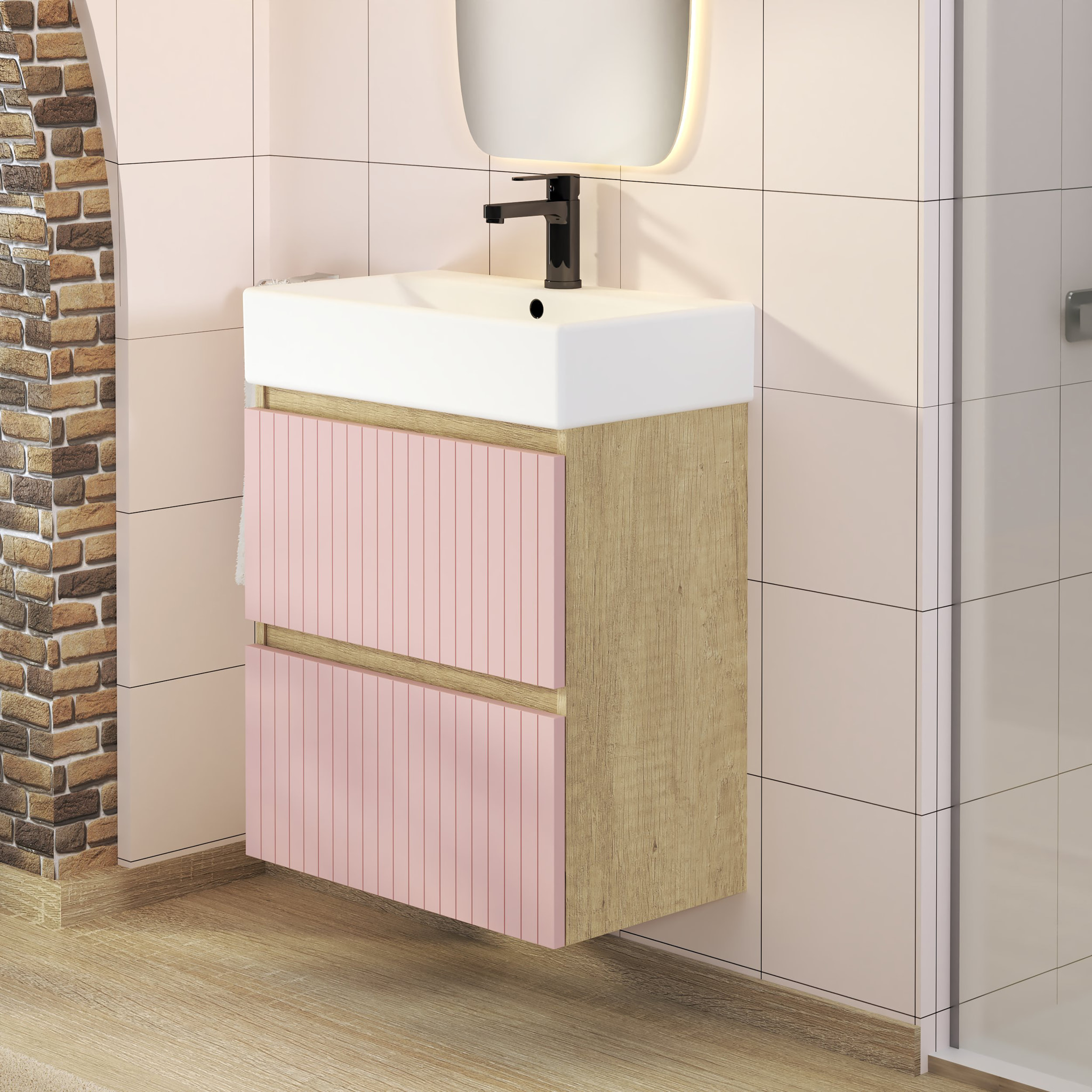 CONJUNTO DE BAÑO ZEL | MUEBLE SUSPENDIDO | 60 CM ROSA | DOS CAJONES | LAVABO ENCASTRADO | NO INCLUYE ESPEJO | MUEBLE MONTADO| ALDAY