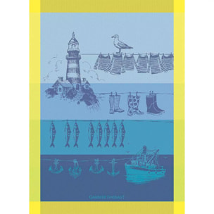 Torchon pur coton motif jacquard bleu jaune Destination mer cire