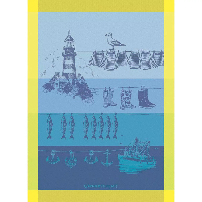 Torchon pur coton motif jacquard bleu jaune Destination mer cire