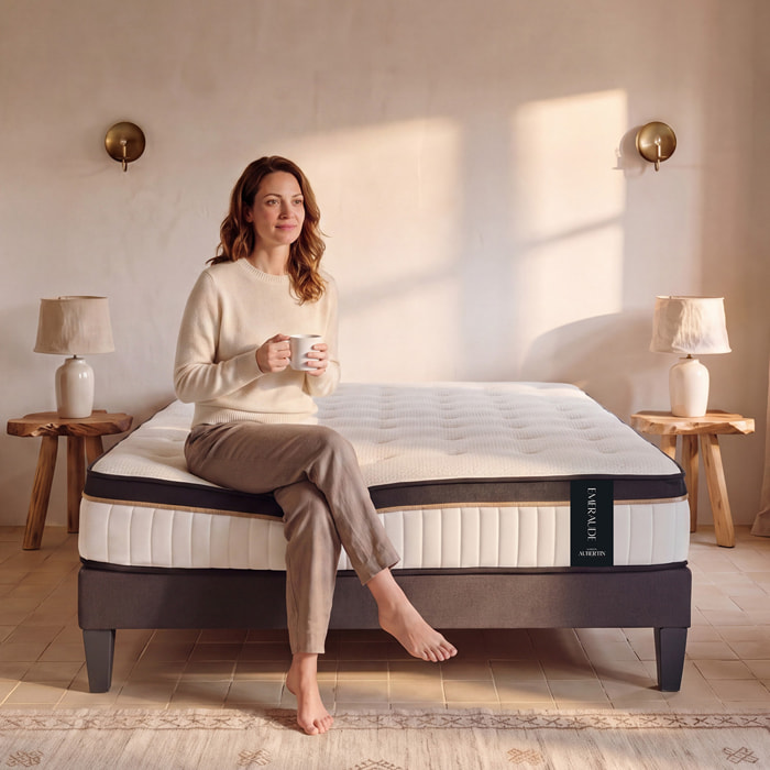 Ensemble Matelas Émeraude & Sommier Kit Tissu, Mémoire de Forme & Air System, 24 cm, Accueil Moelleux, Soutien Ferme