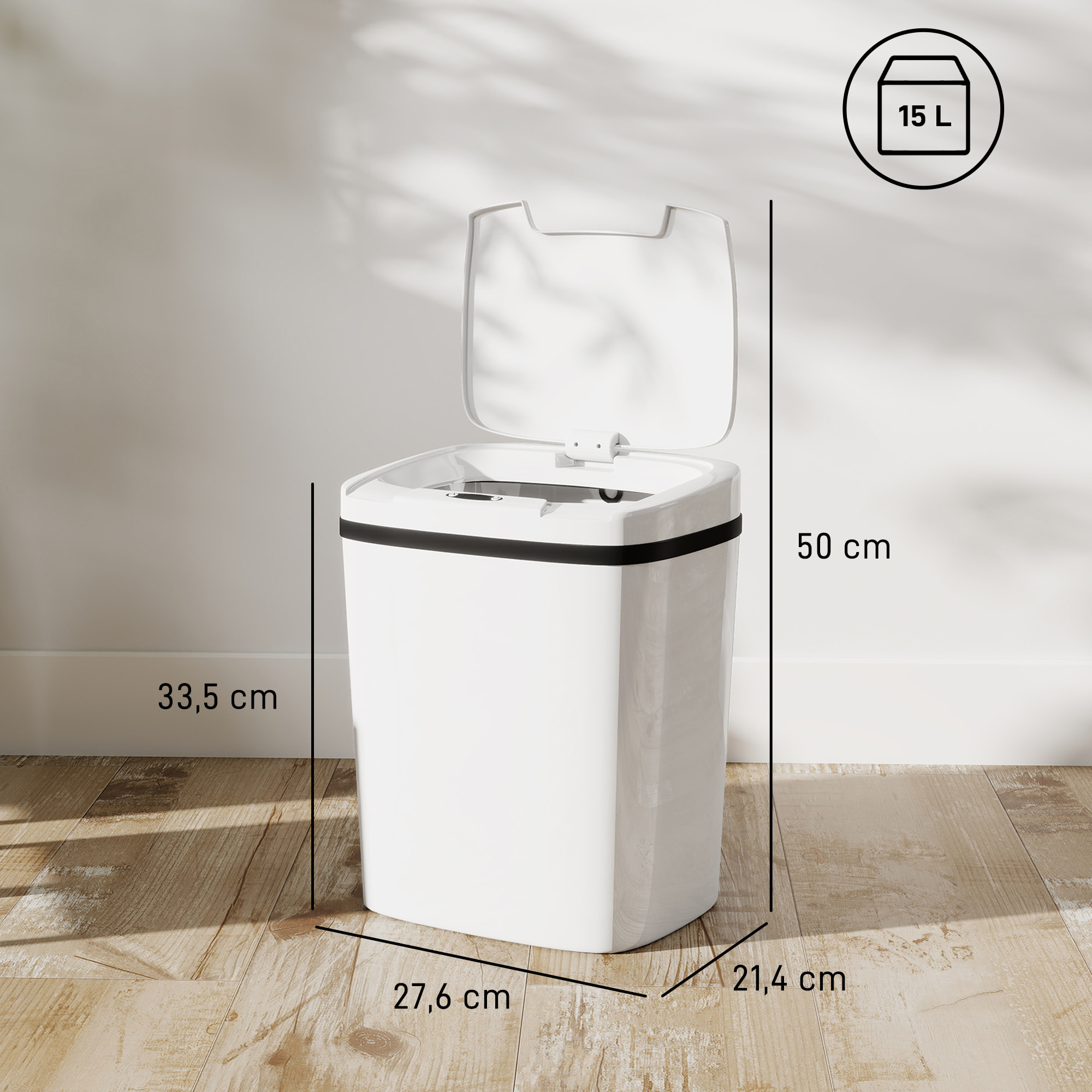 Cubo de Basura Cocina Automático 15 L, Papelera de Cocina con Sensor Infrarrojo y Modo Manual, Anillo de Retención, Antihuellas, para Oficina, Hogar, Blanco