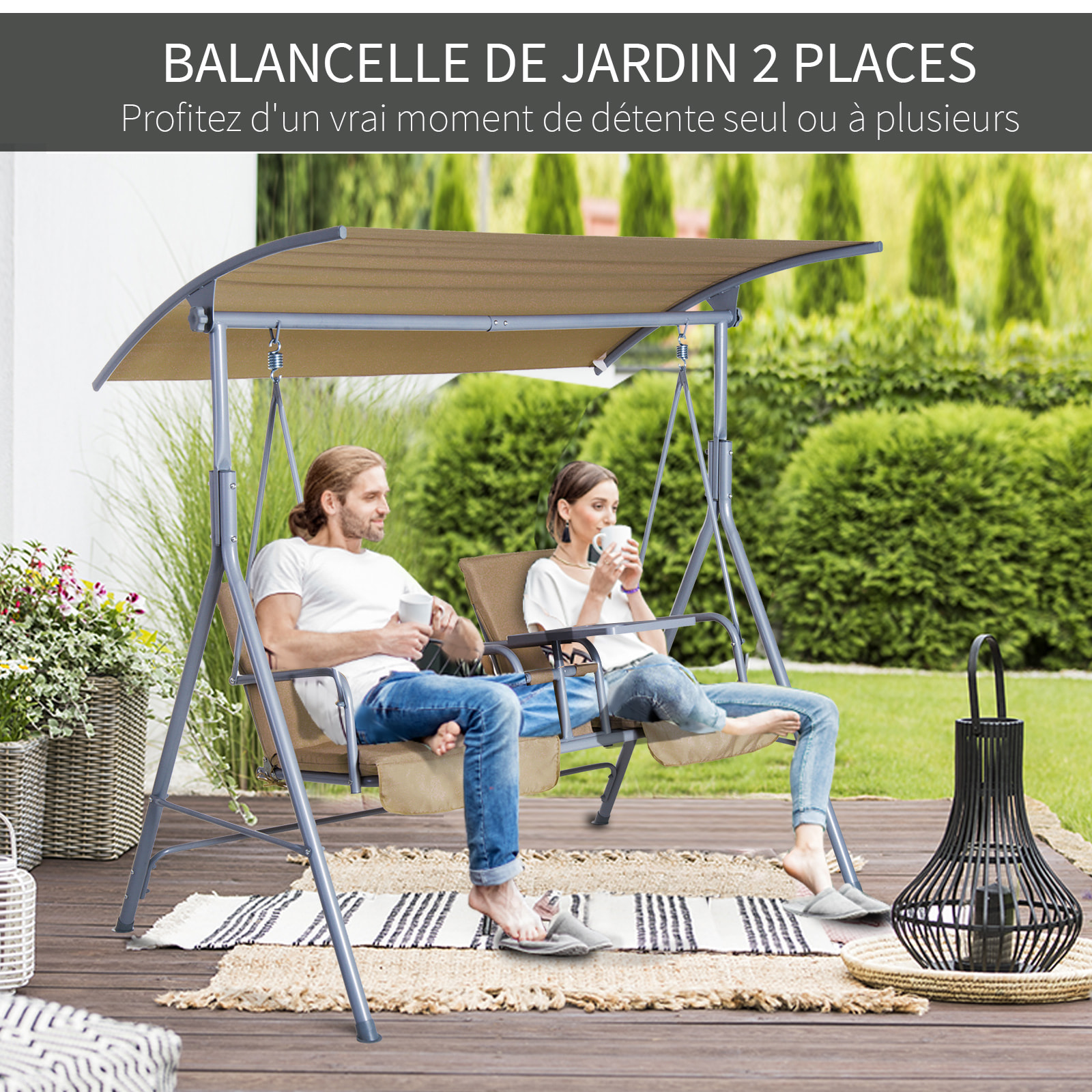 Balancelle design de jardin 2 places inclinaison toit réglable tablette rétractable rangement acier gris clair beige