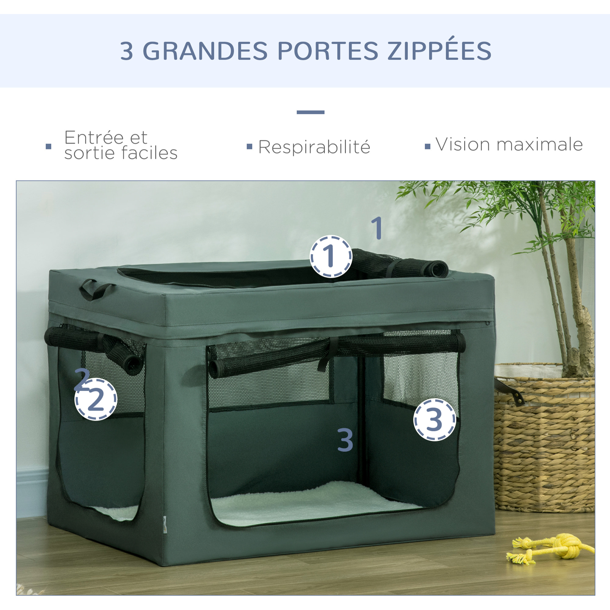 Sac de transport pliable pour chien chat - 2 poignées, 3 portes - dim. 89L x 62l x 62H cm - acier polyester gris