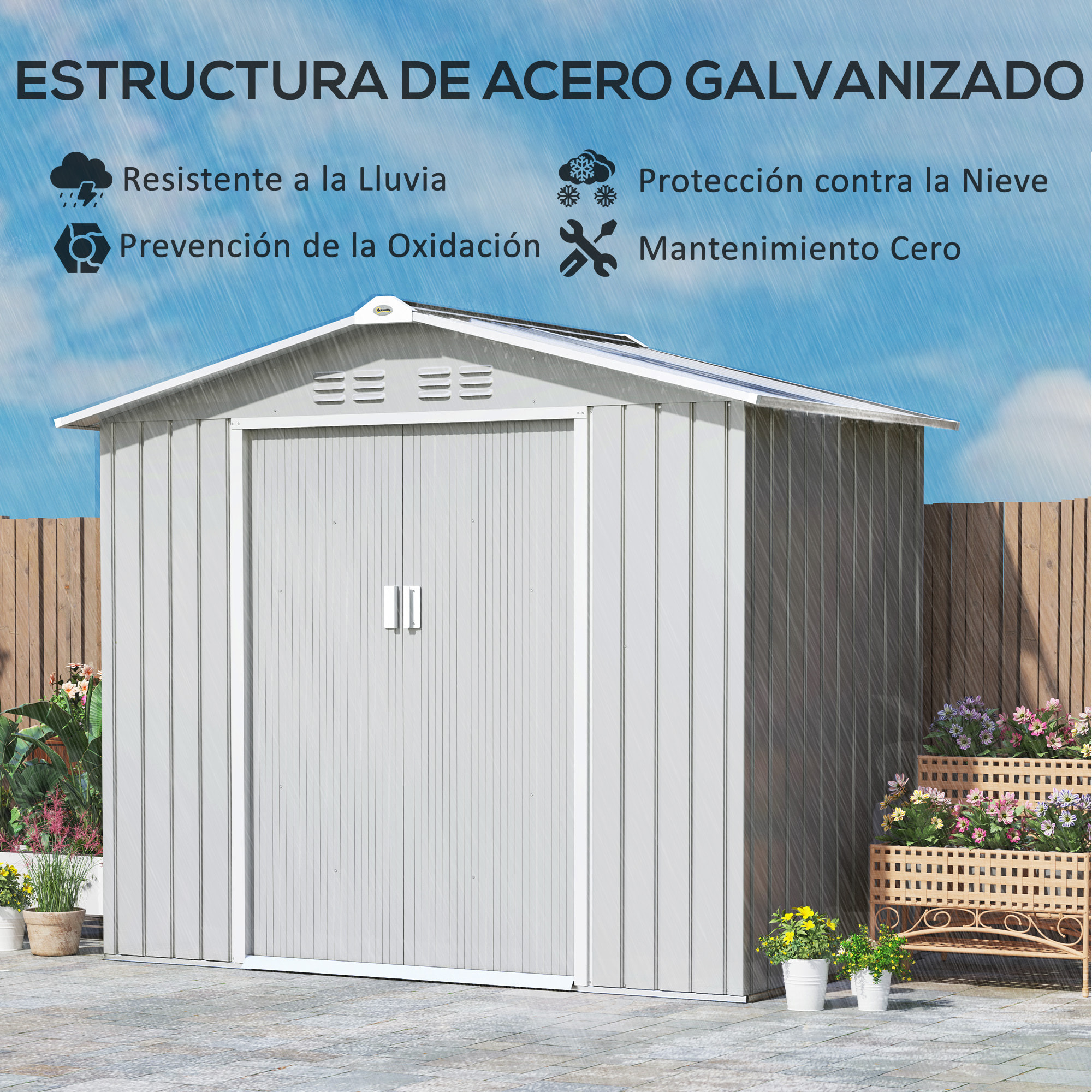 Cobertizo de Jardín 2,42m² con Base de Refuerzo Sin Suelo 213x130x185 cm Caseta de Jardín Exterior con Puertas Correderas Claraboya 4 Ventanas para Almacenamiento de Herramientas Gris Plata