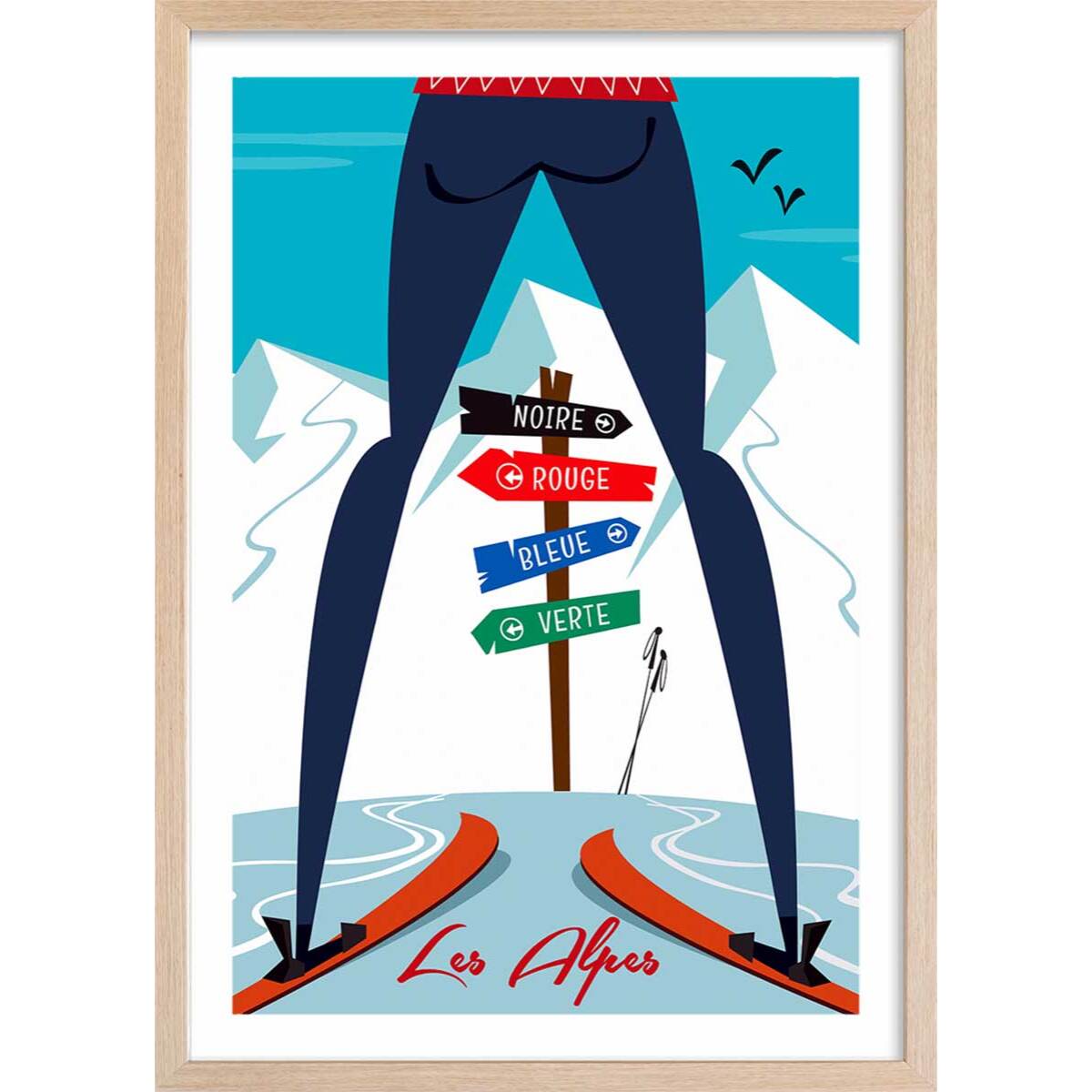 Poster retro piste noire…ou verte! Affiche + cadre en bois - Chêne