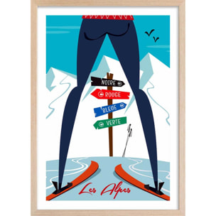 Poster retro piste noire…ou verte! Affiche + cadre en bois - Chêne