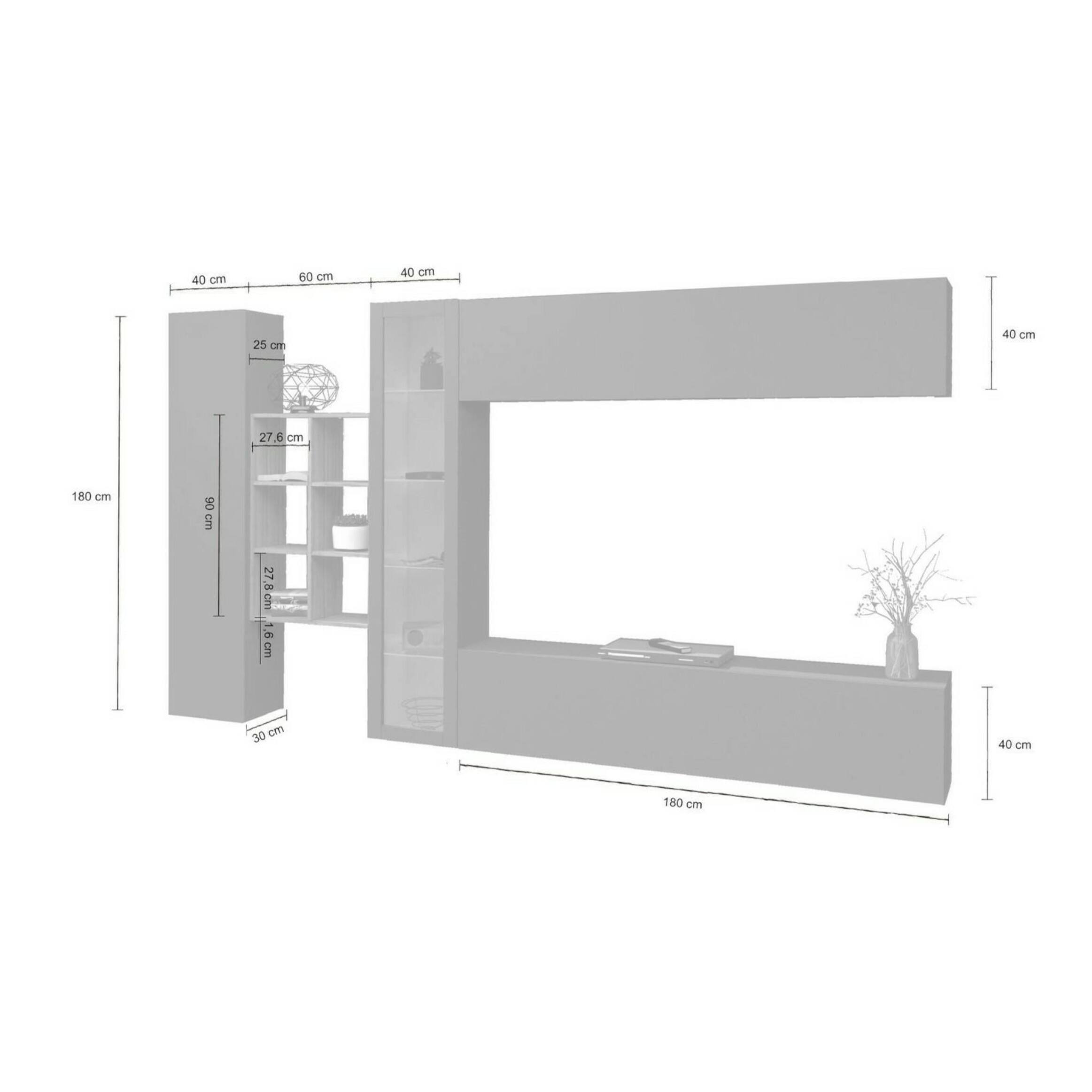 Parete attrezzata Dino, Set salotto porta TV a 4 ante, Mobile soggiorno multiuso con vetrina e luce LED, 100% Made in Italy, cm 280x30h180, Antracite e Acero