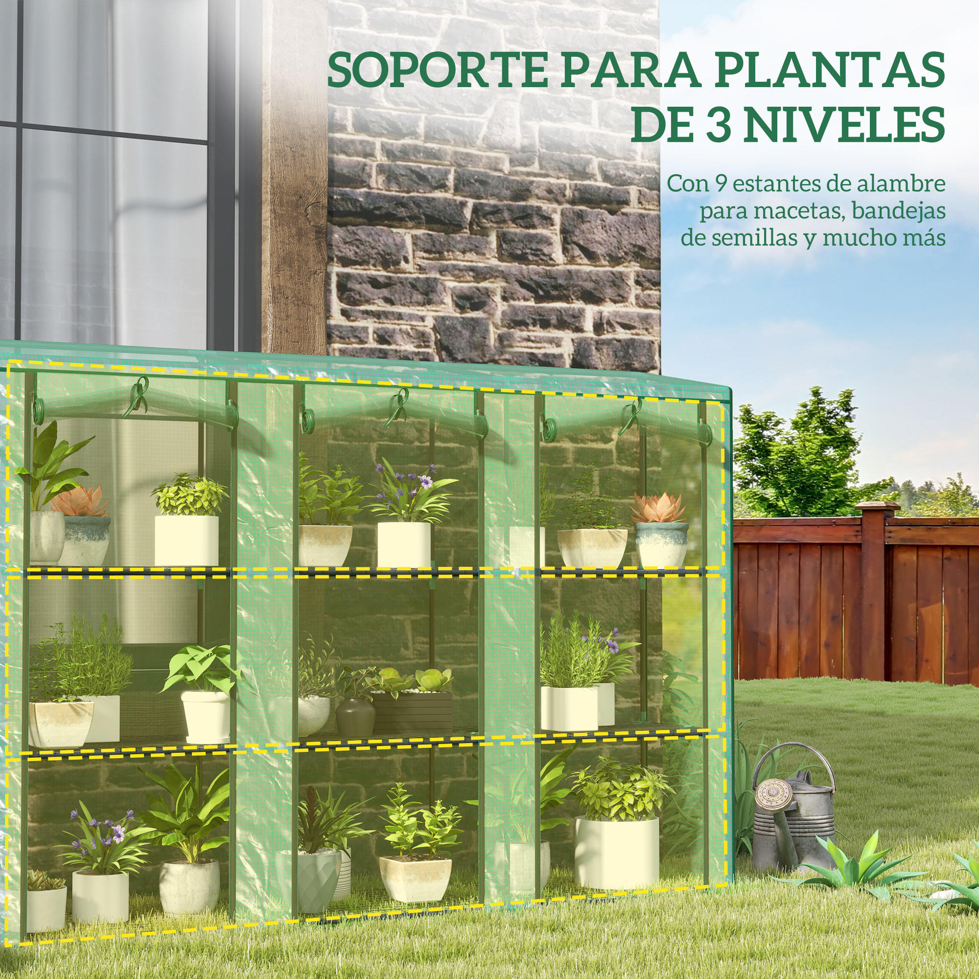 Invernadero de Exterior de 3 Niveles Invernadero de Jardín con 9 Estantes Puerta Enrollable con Cremallera Marco de Acero Cubierta de PE 140g/m² Anti-UV para Terraza Patio 215x46x151cm Verde