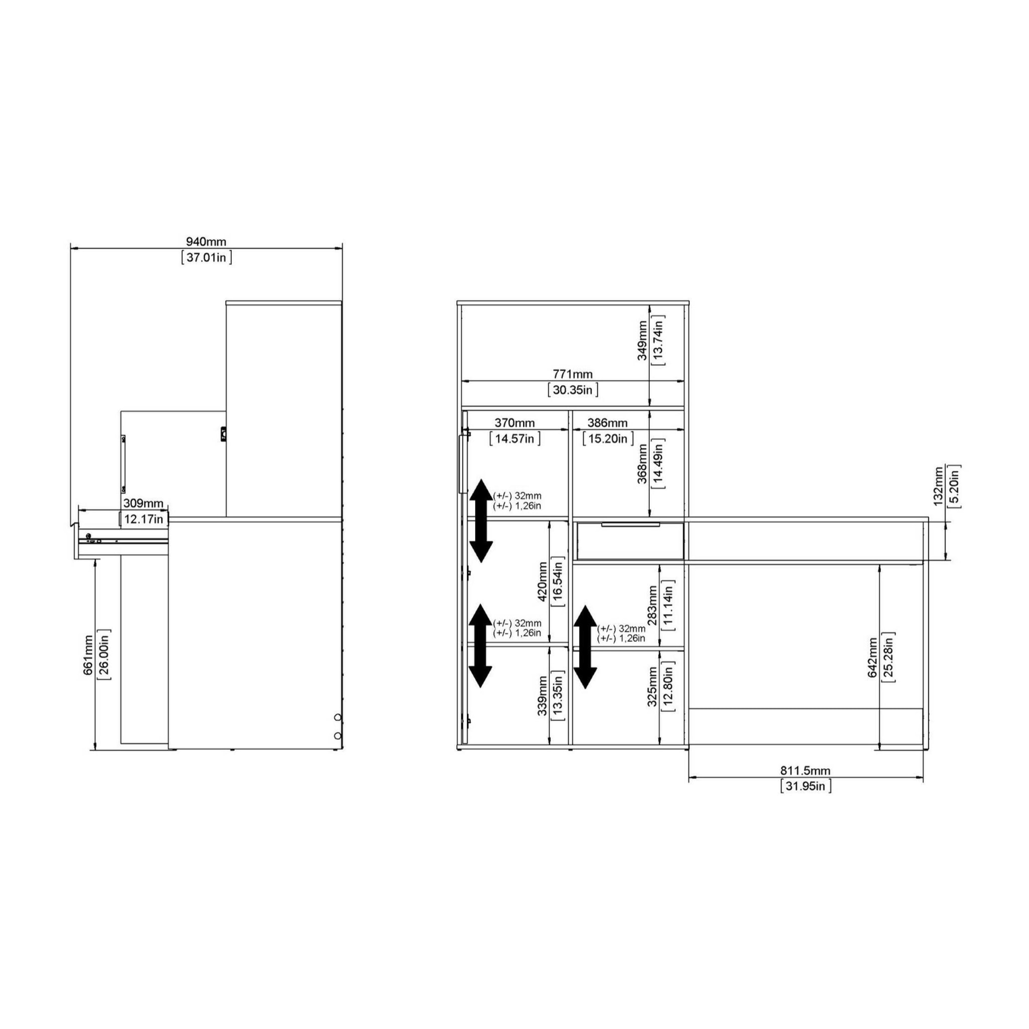 Scrivania multifunzione con libreria, cassetto e anta, colore bianco e rovere, cm 162 x 155 x 60