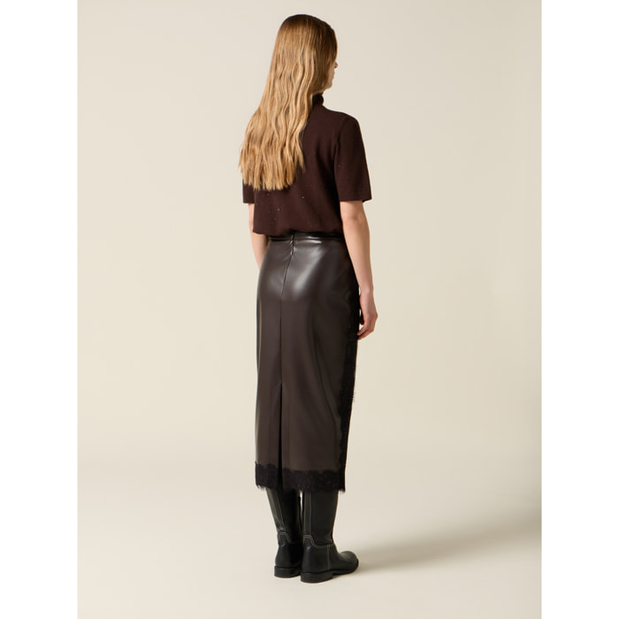 Oltre - Gonna tubino midi con inserti in pizzo - Marrone