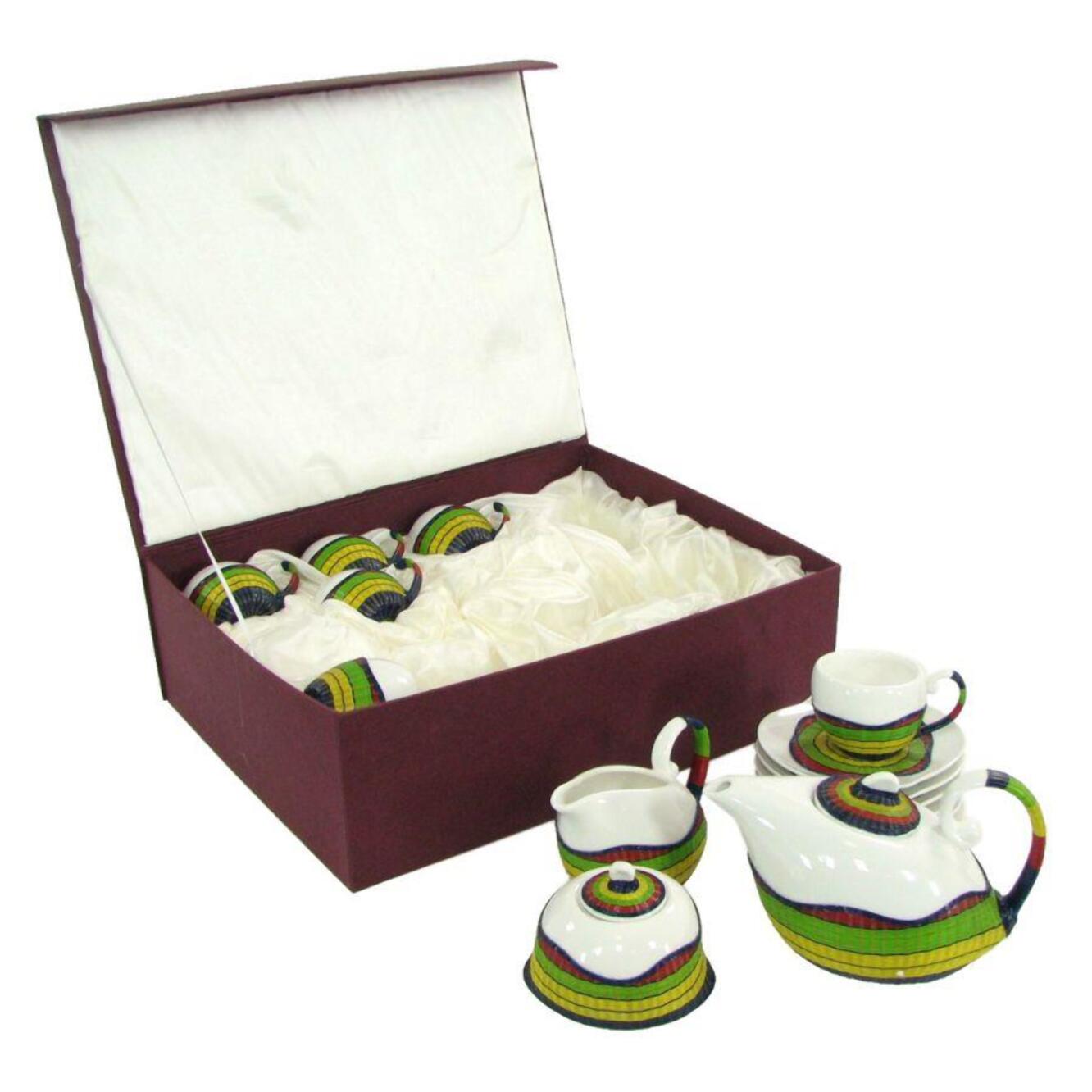 Tazza da the con teiera e lattiera 9 pezzi con decoro in bambù