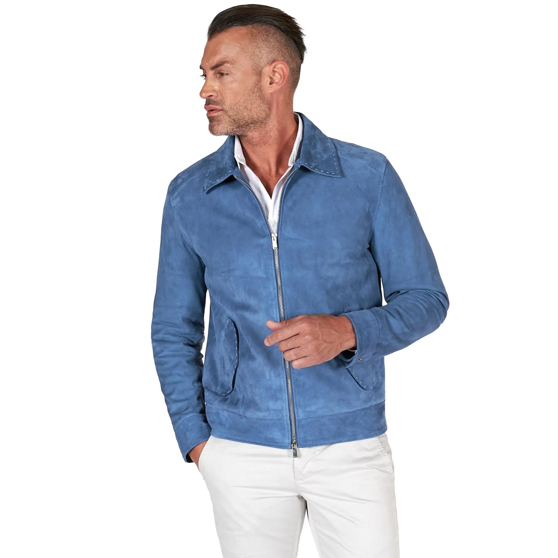 Giacca in camoscio denim blu con colletto camicia impunturato a mano