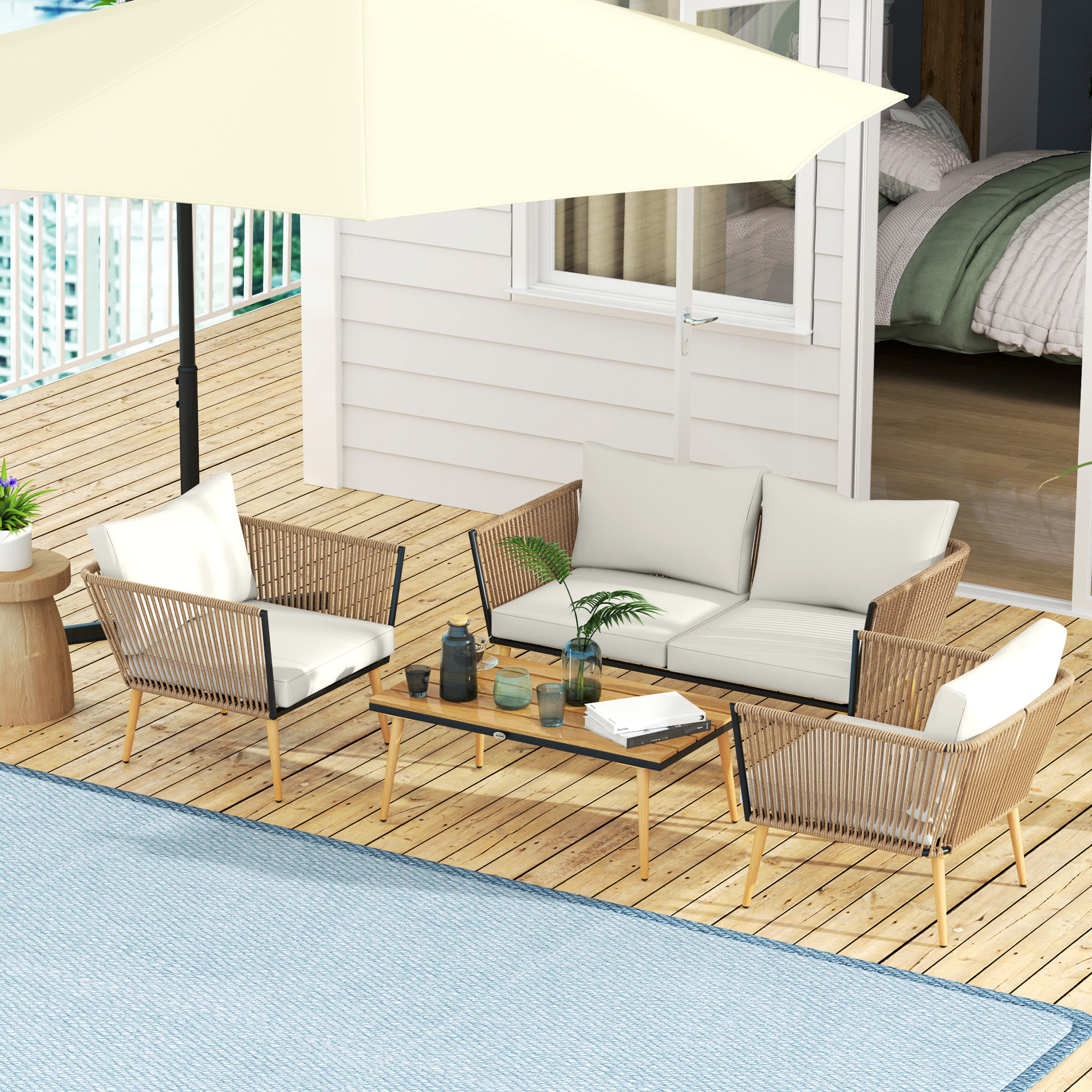 Salon de jardin 4 places 4 pièces design scandinave acier époxy résine filaire PE coussins inclus crème