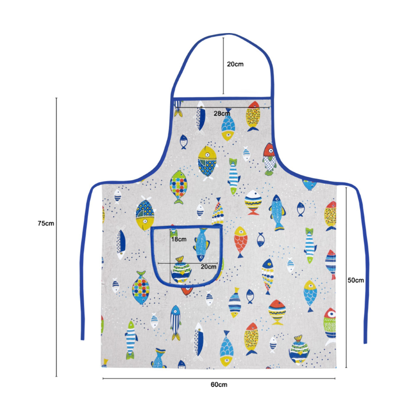 Set 2 Pezzi Grembiule Cucina Con Tasche 100% Cotone Disegno Pesci Colorati
