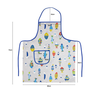 Set 2 Pezzi Grembiule Cucina Con Tasche 100% Cotone Disegno Pesci Colorati
