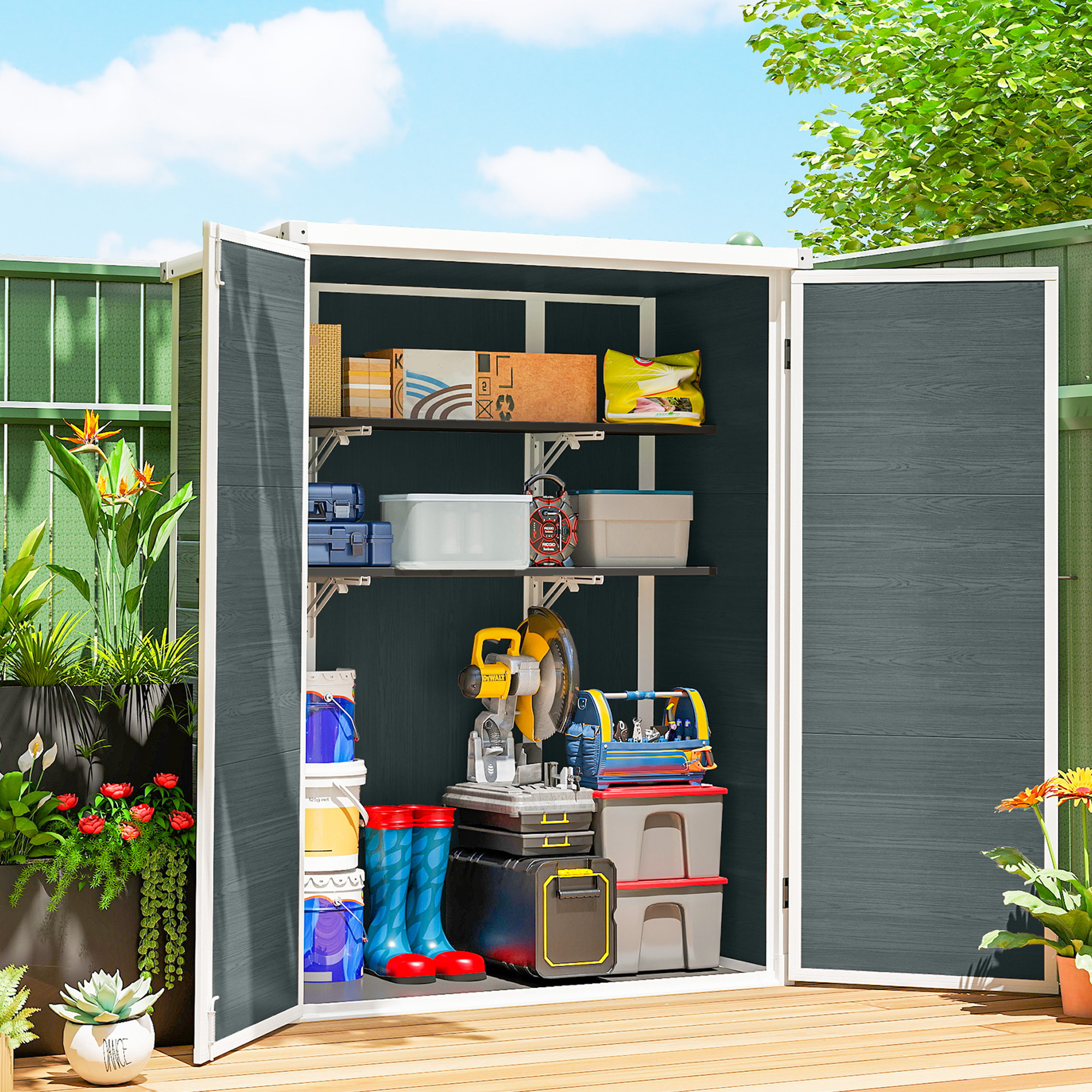 Caseta de Jardín Exterior, 0,81 m², 134x68,5x170 cm, Cobertizo de Jardín Exterior de Plástico con Suelo, 2 Estantes Plegables, Puertas Dobles con Pestillo para Almacenaje Herramientas, Gris