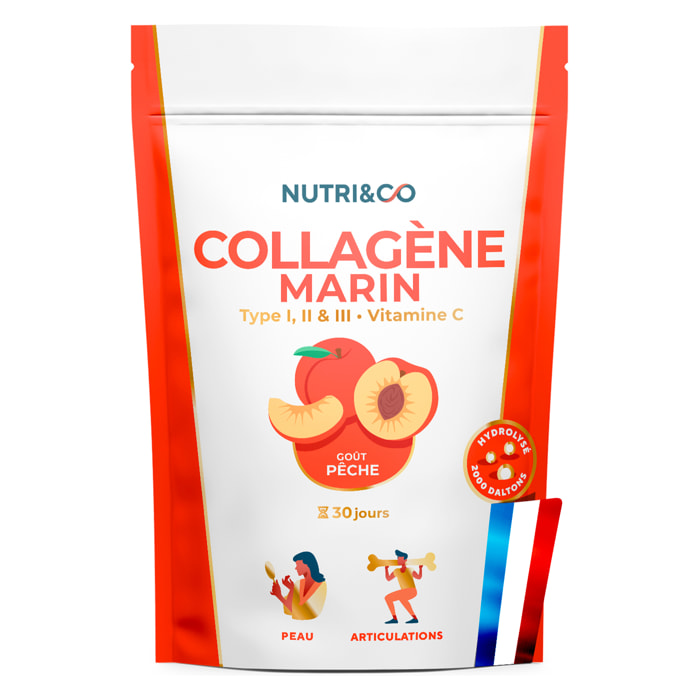 Nutri&Co Collagène Marin Type 1, 2 & 3 Peau & Articulations Goût Pêche - 180g