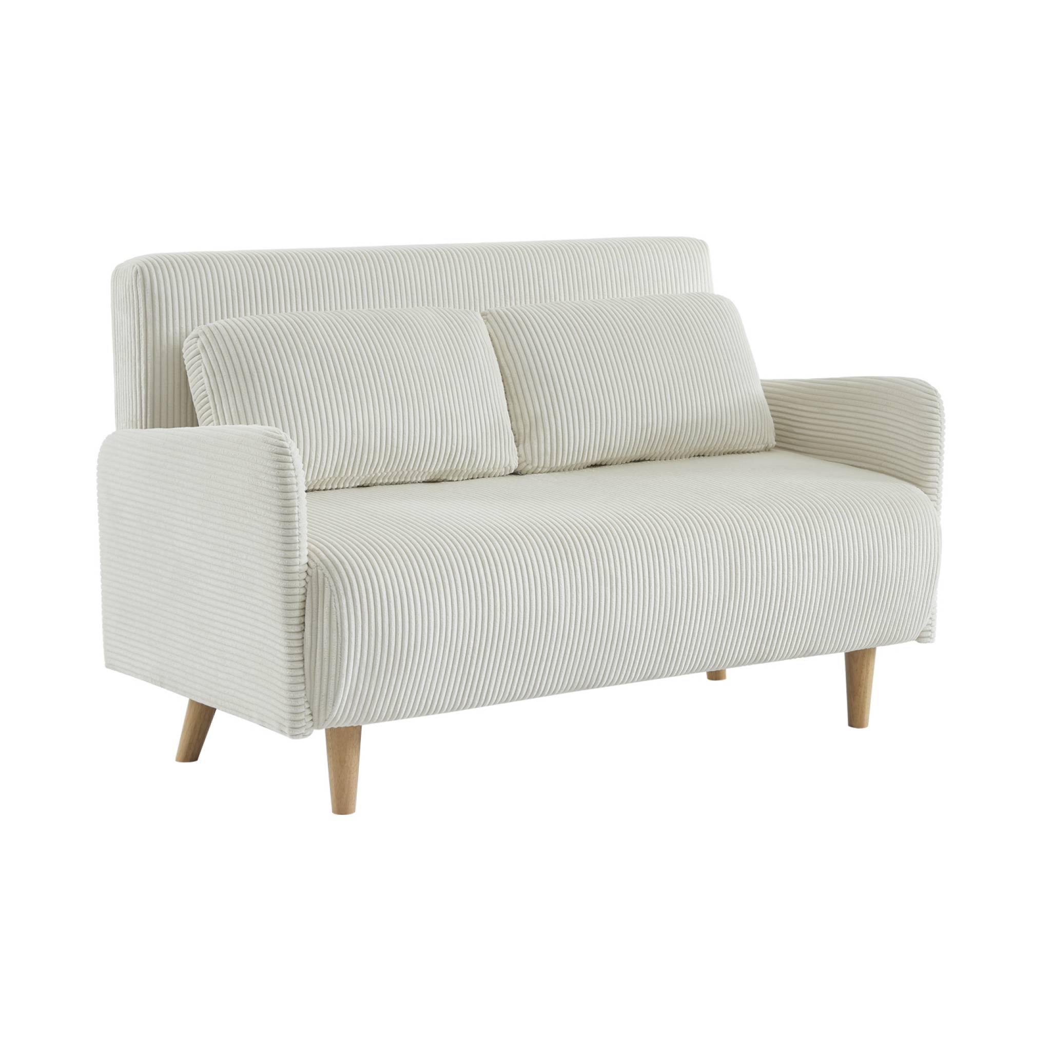 Canapé convertible en velours côtelé - Panam - 2 places scandinave. pieds bois. blanc. banquette. dossier inclinable
