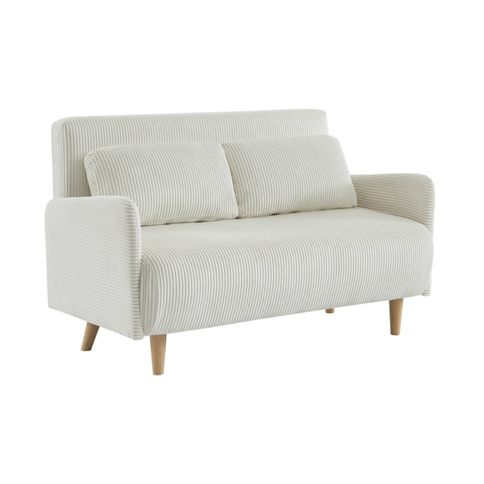 Canapé convertible en velours côtelé - Panam - 2 places scandinave. pieds bois. blanc. banquette. dossier inclinable