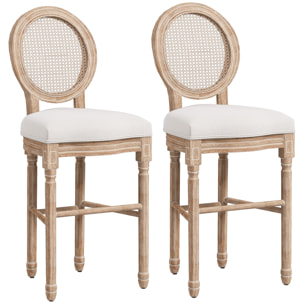 Lot de 2 chaises de bar tabourets de bar médaillon style Louis XVI bois sculpté patiné tissu crème