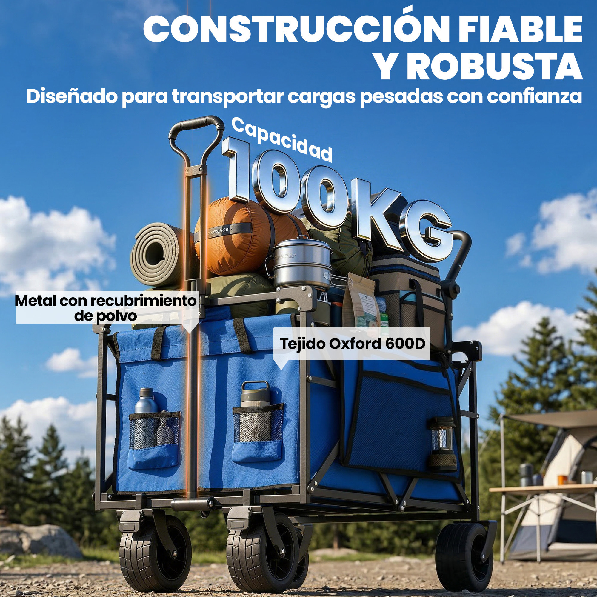 Carro Playa con Ruedas Grandes con Freno, Techo Extraíble, Carro Plegable para Jardín con Barra Ajustable, Portavasos y Bolsillos, Carga 100 kg, para Todo Terreno, Campaña, Compras, Azul