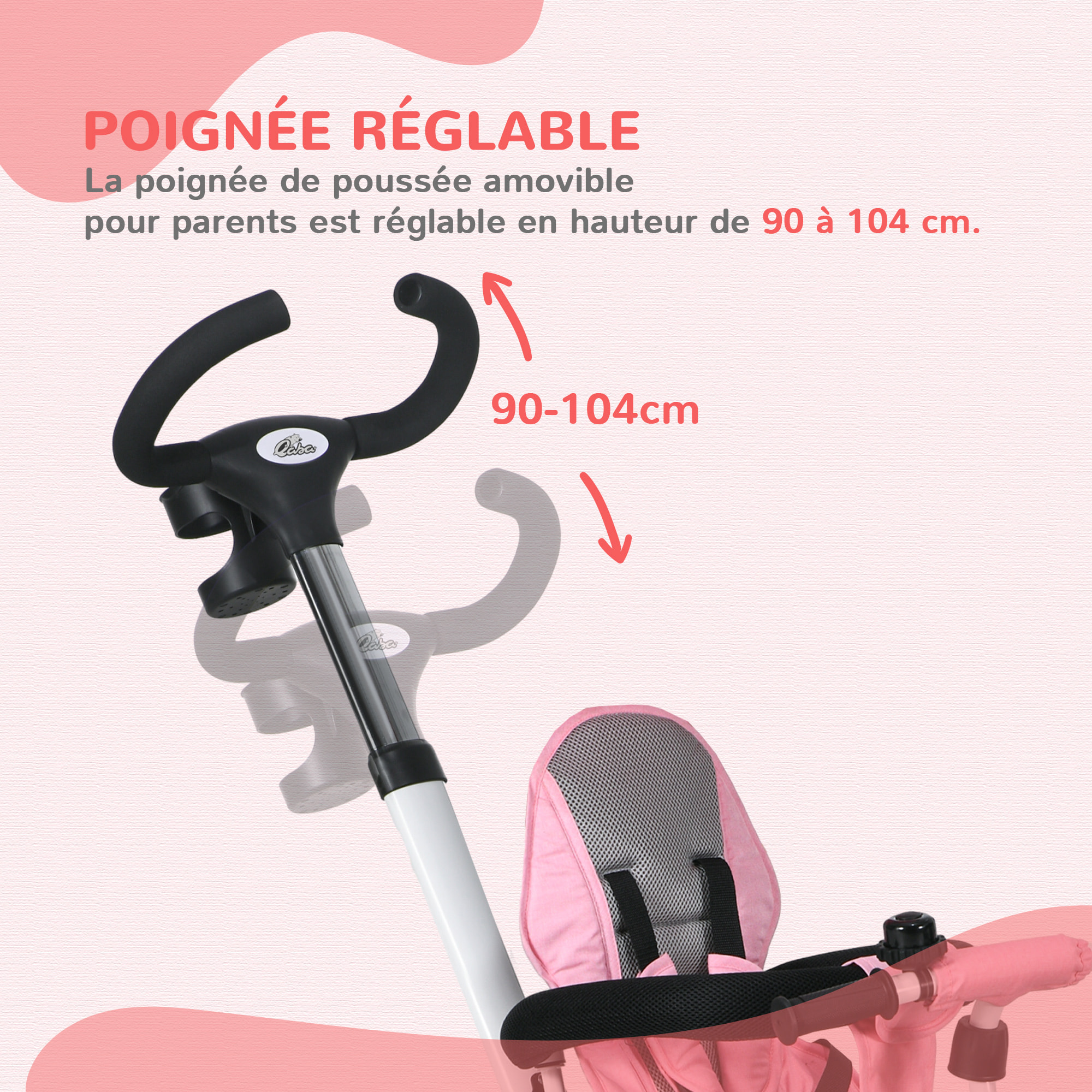 Tricycle enfant évolutif pliable pare-soleil canne télescopique amovible siège réversible rose