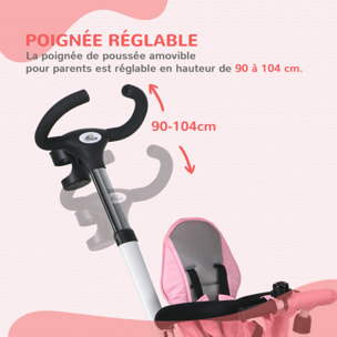 Tricycle enfant évolutif pliable pare-soleil canne télescopique amovible siège réversible rose